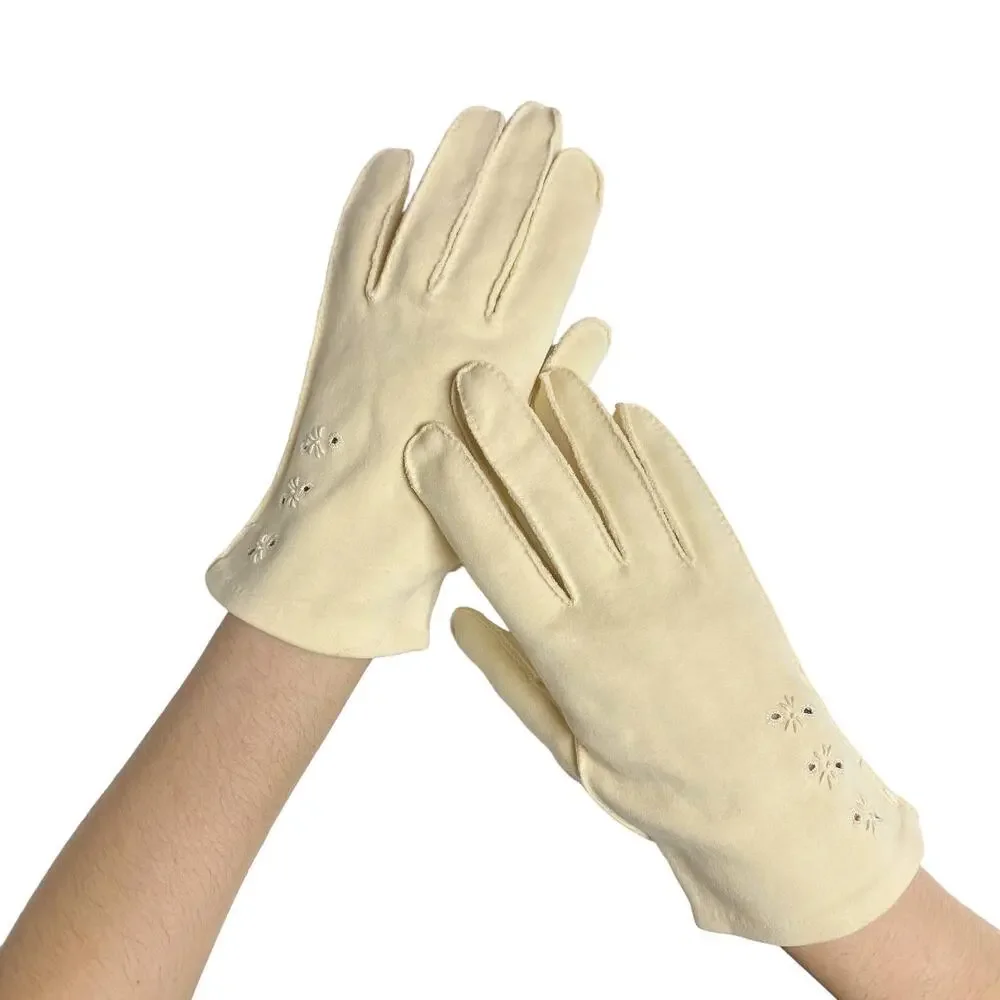Vintage Herrybrooks Womens Size 8 Ivory Fabric Eyelet Embroidered Gloves